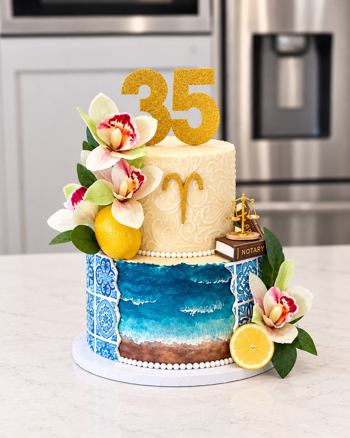 Blue and ivory 35th birthday celebration cake with floral details