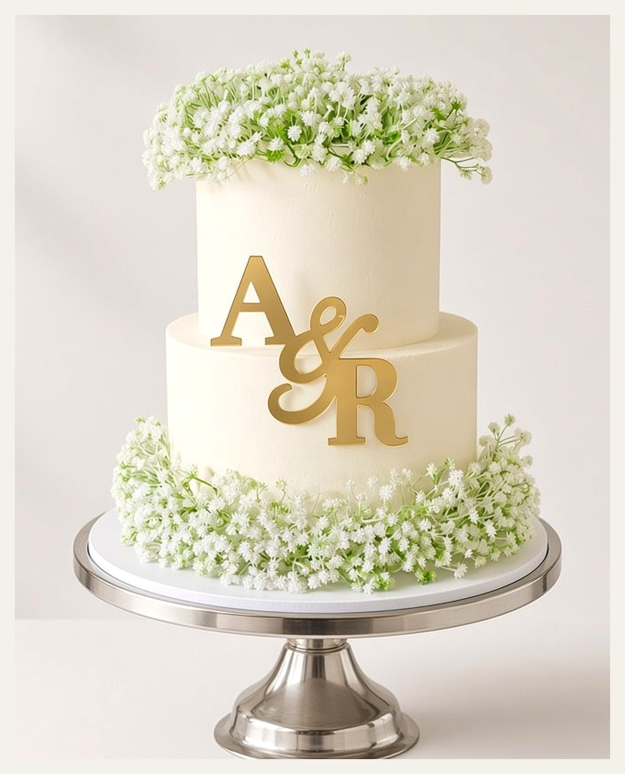 White two-tier wedding cake decorated with baby's breath and gold initials