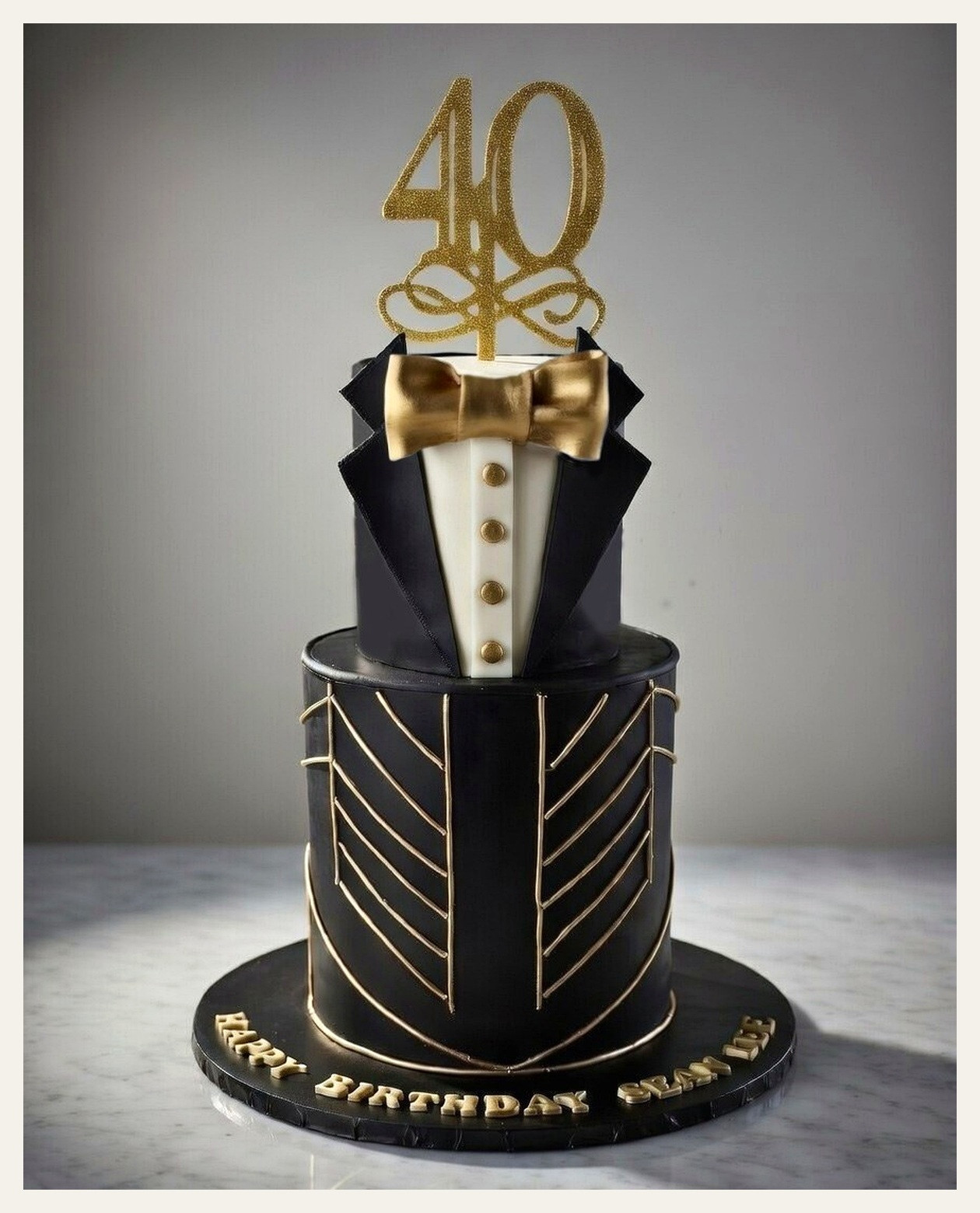 Black and gold tuxedo-inspired birthday cake by Cake Theory