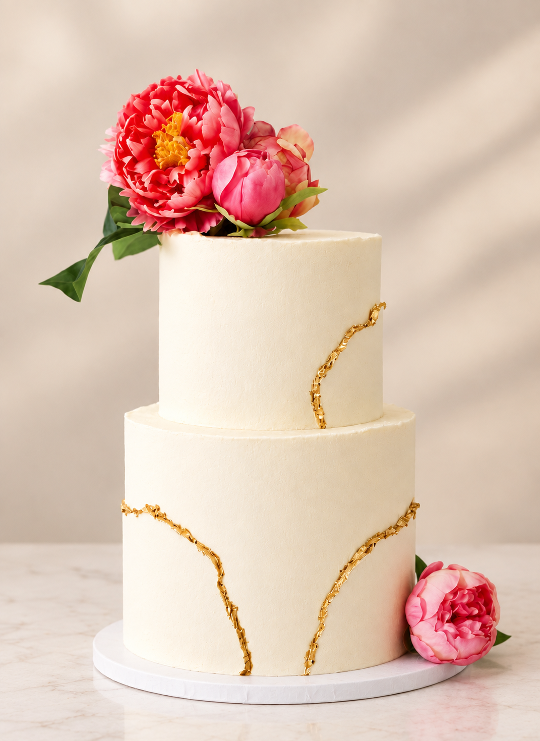 Elegant two-tier custom floral cake with gold accents by Cake Theory in Brossard