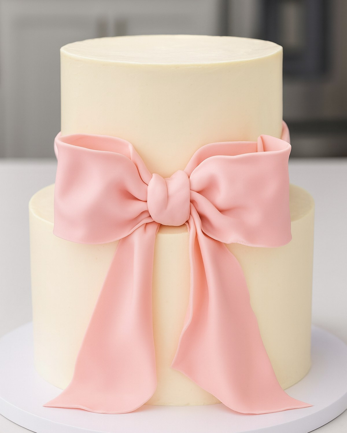 Elegant ivory cake with oversized pink bow
