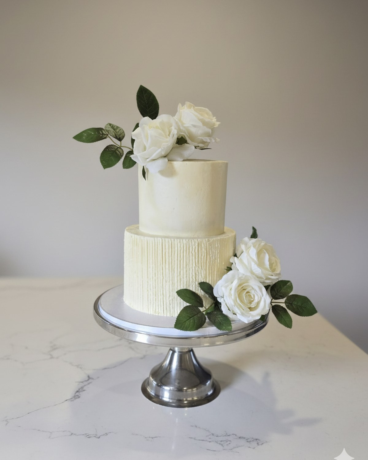 Minimalist white two-tier wedding cake with white roses